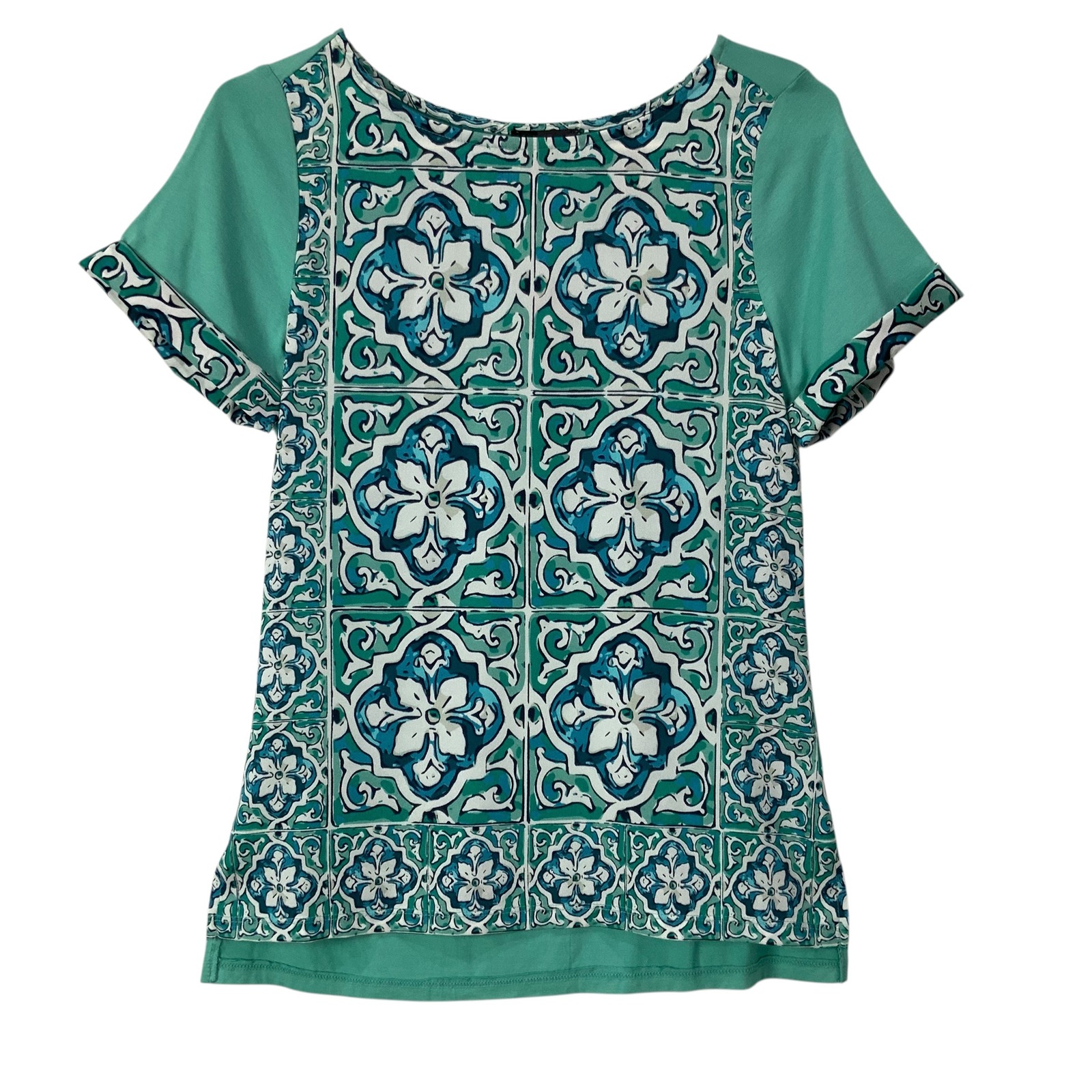 The Limited Teal Blue Tile Floral Print Short Sleeve T Shirt Top Xs Nwt